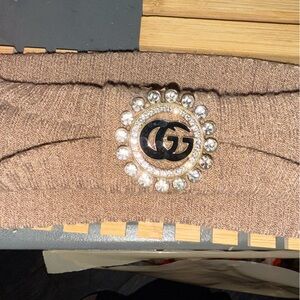 Beige Knit Headband with Crystal Emblem